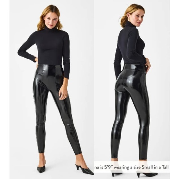 NEW SPANX Faux Patent Leather Leggings High Waisted Classic Black Size Large - Picture 1 of 15
